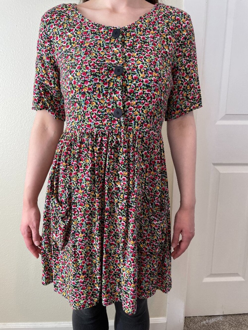 Jessica Stevens Mini Dress 90s Floral Pink Yellow Green Black 9/10